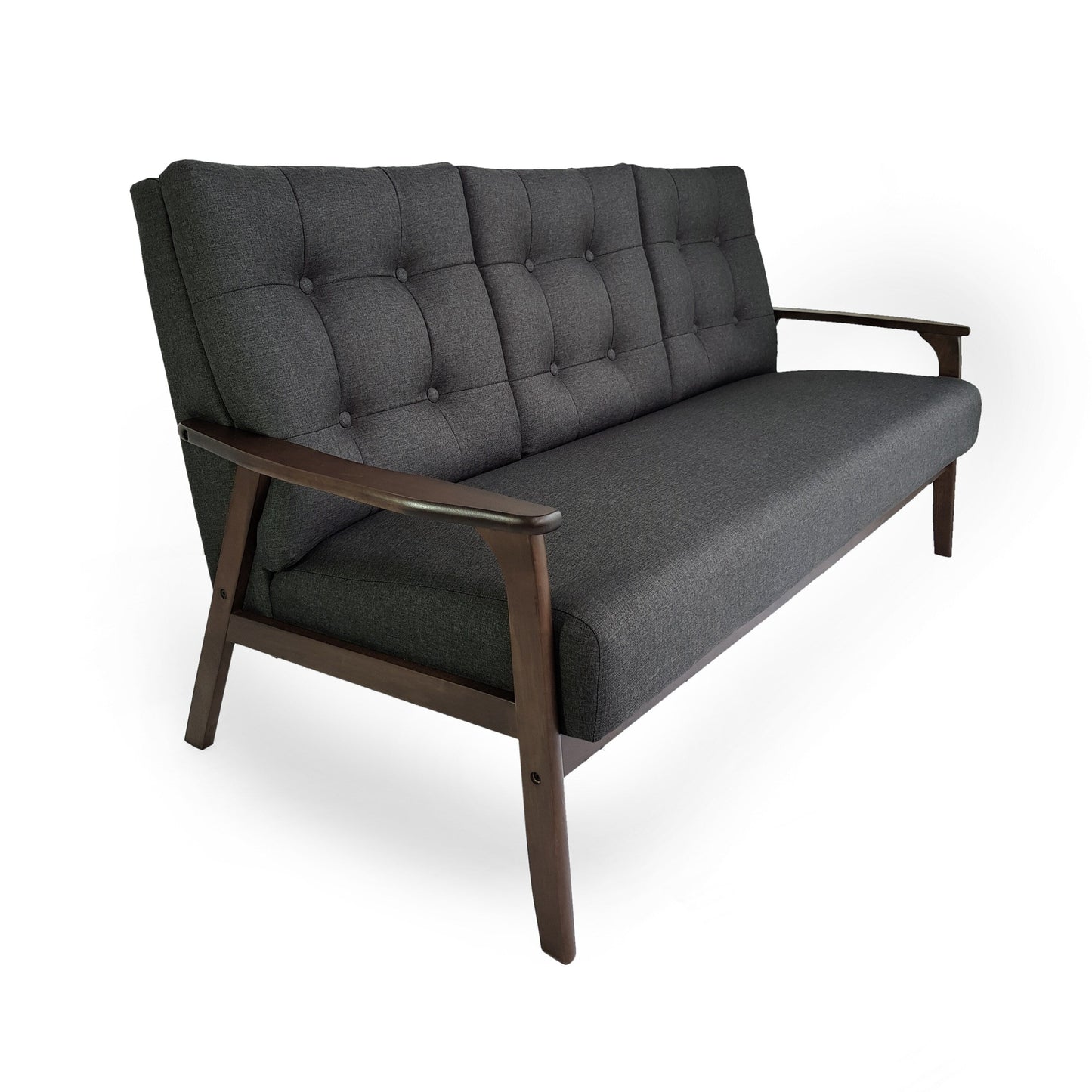 Grey 65.6'' Mid-Century 3-Seater Sofa with Waffle Stitch Tufting, Rubberwood Legs, and Accent Design