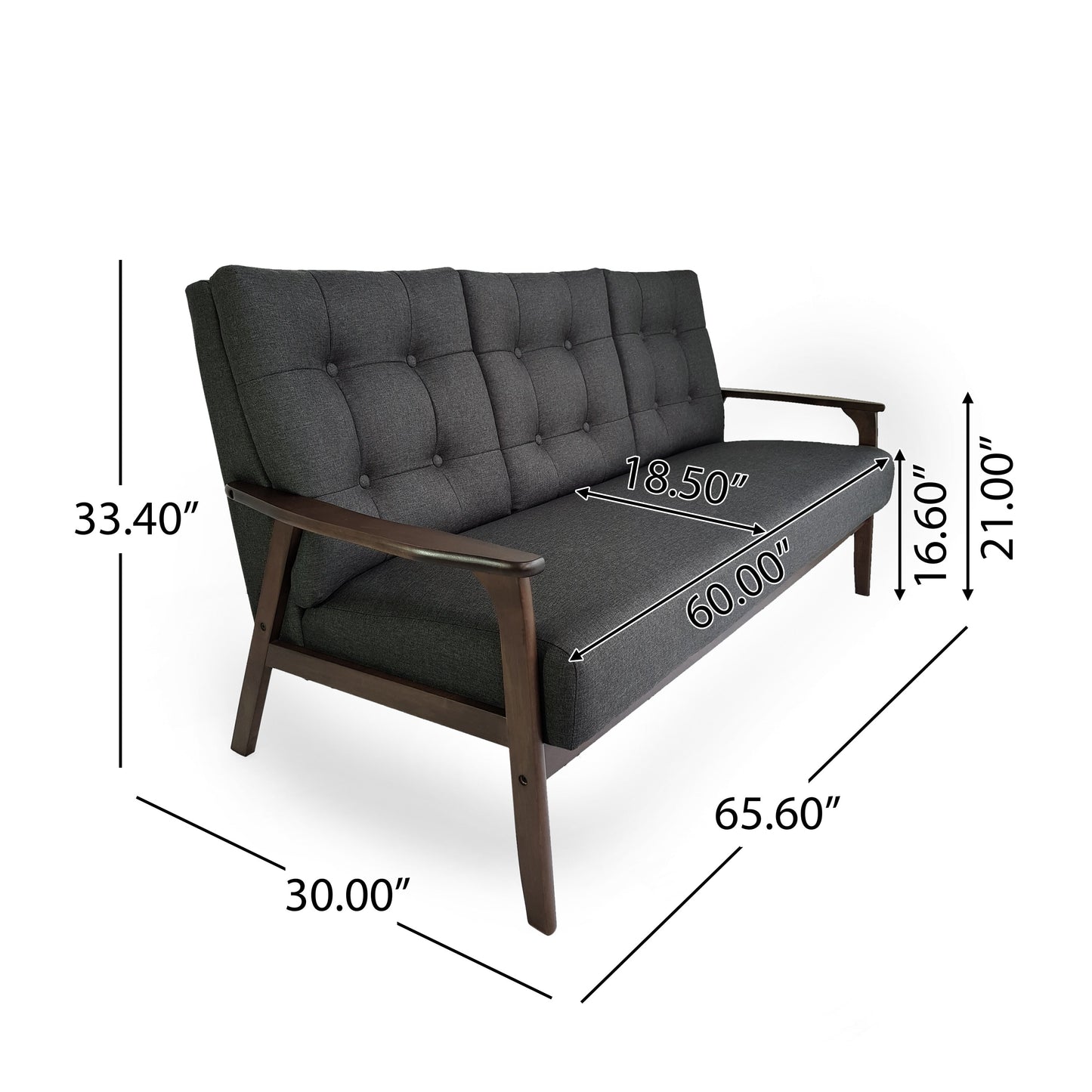 Grey 65.6'' Mid-Century 3-Seater Sofa with Waffle Stitching, Rubberwood Legs, and Accent Design