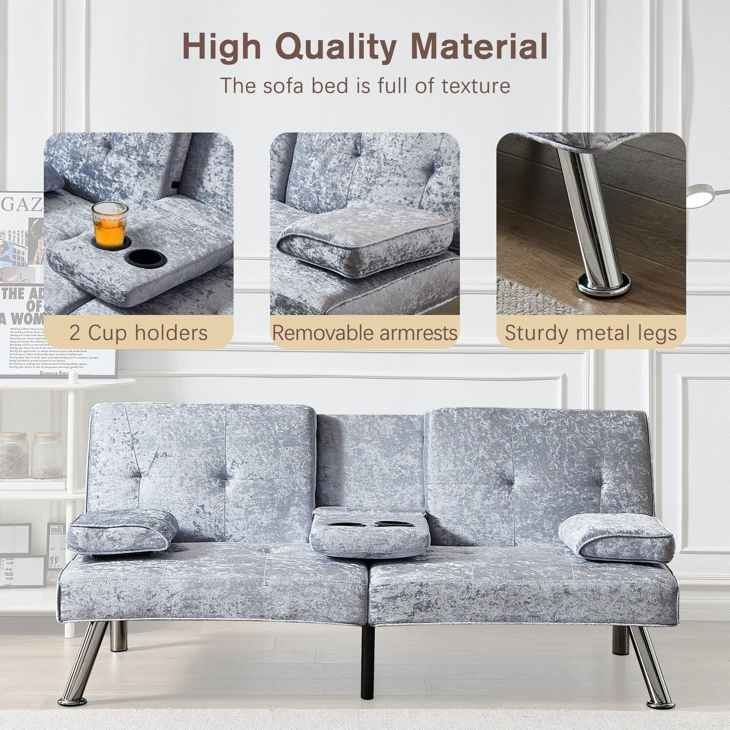 Grey 66.1 Velvet Loveseat Futon Sofa Bed with Removable Armrests and Cup Holders for Living Room
