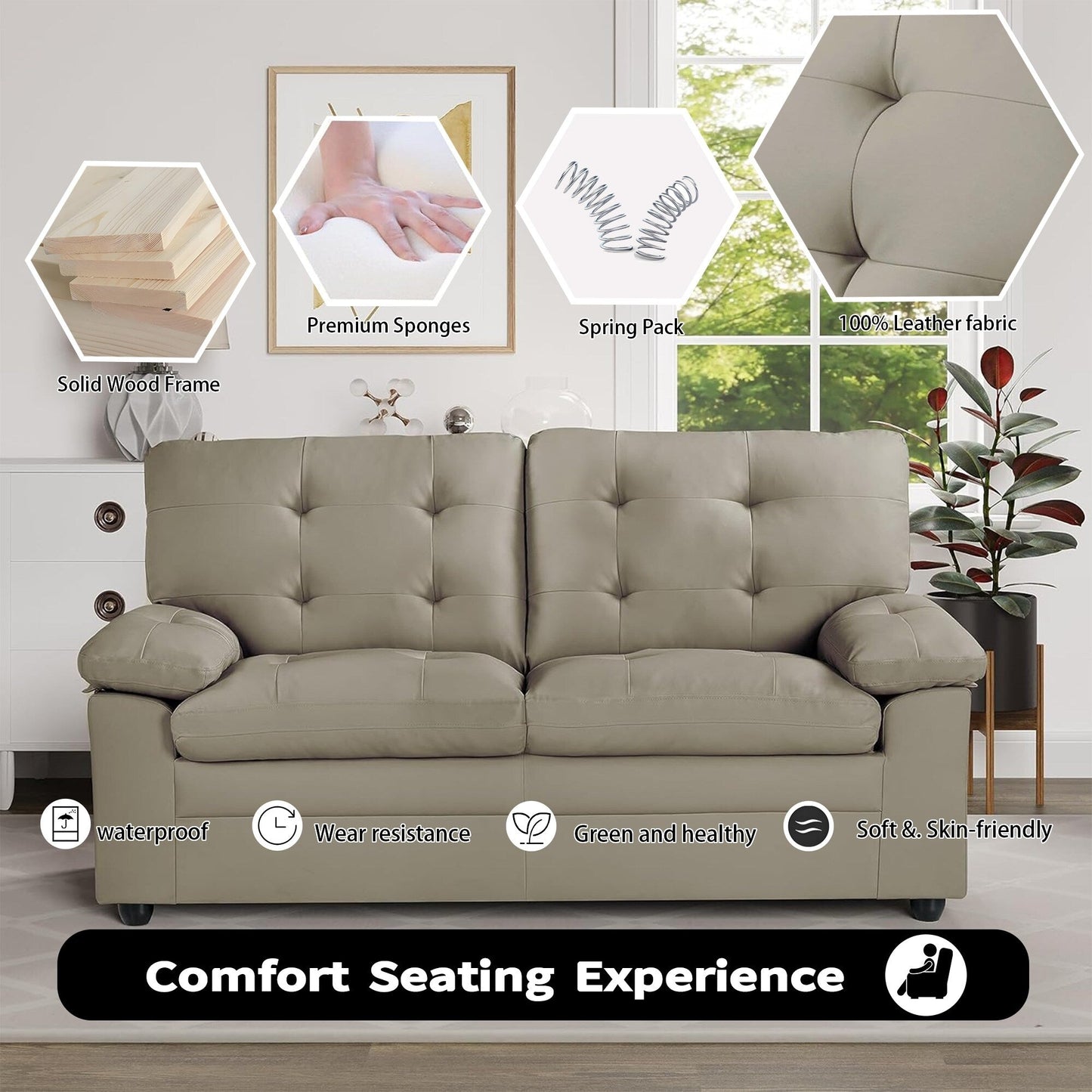 Grey 70.5 Faux Leather 3-seater Tufted Apartment Sofa with Kiln Dried Hardwood Frame for Living Room