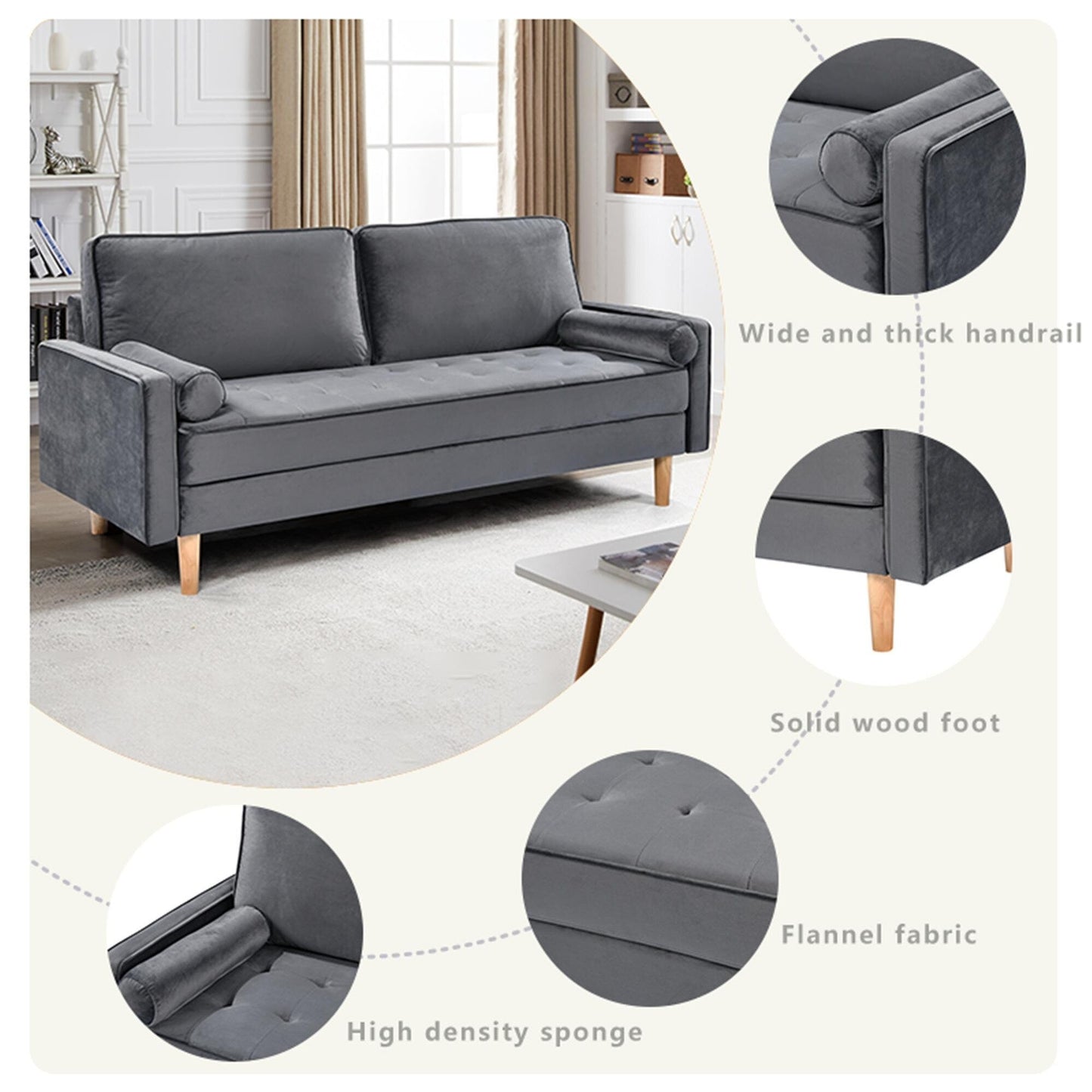 Grey 70 3-seater Sofa with High-Quality Elastic amd Doll Cotton Filling Cushion for Living Room