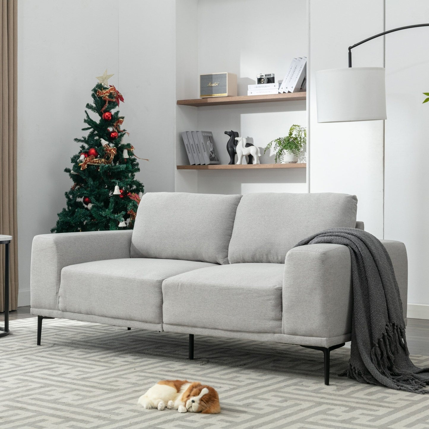 Grey 74.8 Modern Fabric 2-Seater Sofa with Iron Legs and Comfortable Cushions, Ideal for Apartments and Bedrooms