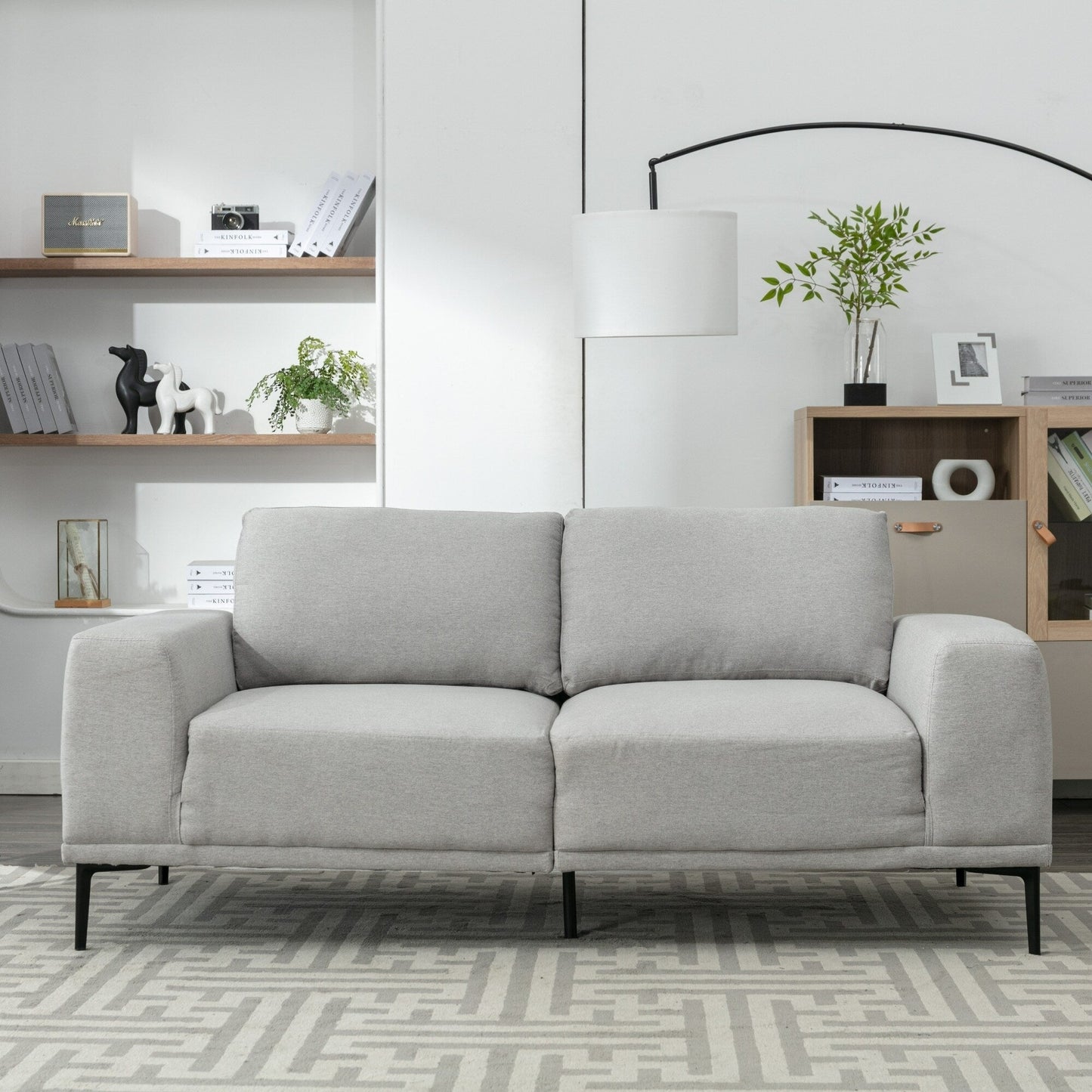 Grey 74.8'' Fabric 2-Seater Sofa with Removable Cushions and Iron Legs