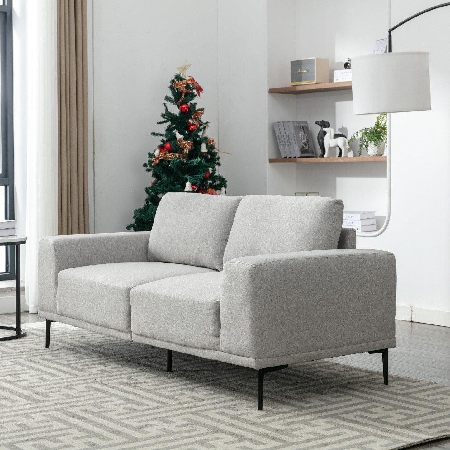 Grey 74.8'' Fabric 2-Seater Sofa with Removable Cushions and Iron Legs