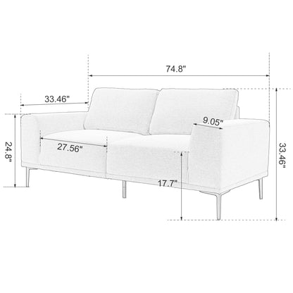 Grey 74.8'' Modern Fabric 2-Seater Sofa with Iron Legs and Comfortable Cushions