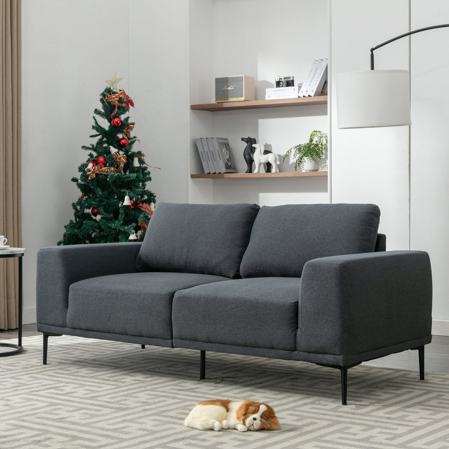 Grey 74.8''Modern Fabric 2 Seater Sofa Couch with Iron Legs and Comfortable Cushions, for Living Room, Apartment, Bedroom