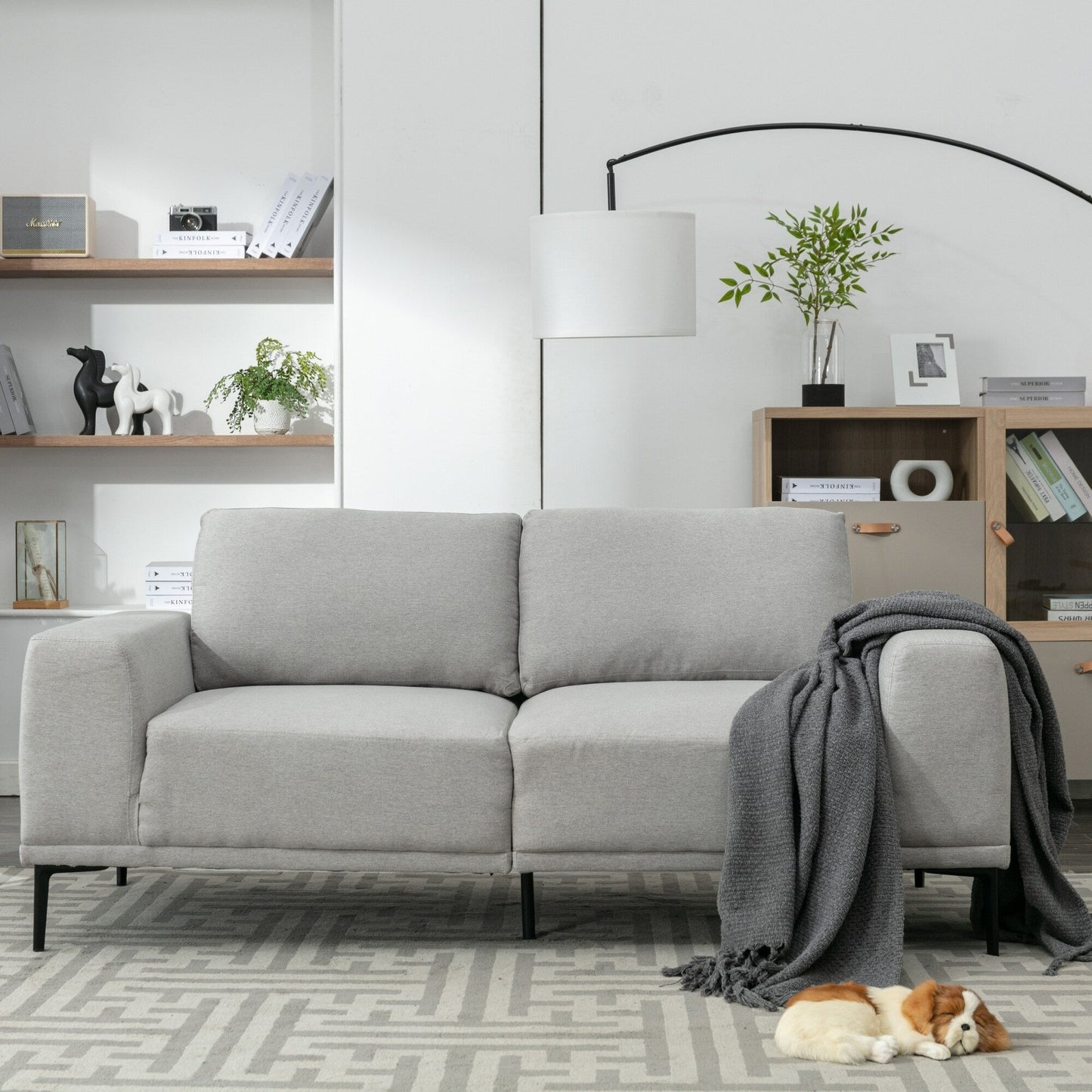 Grey 74.8''Modern Fabric 2 Seater Sofa Couch with Iron Legs and Comfortable Cushions, for Living Room, Apartment, Bedroom