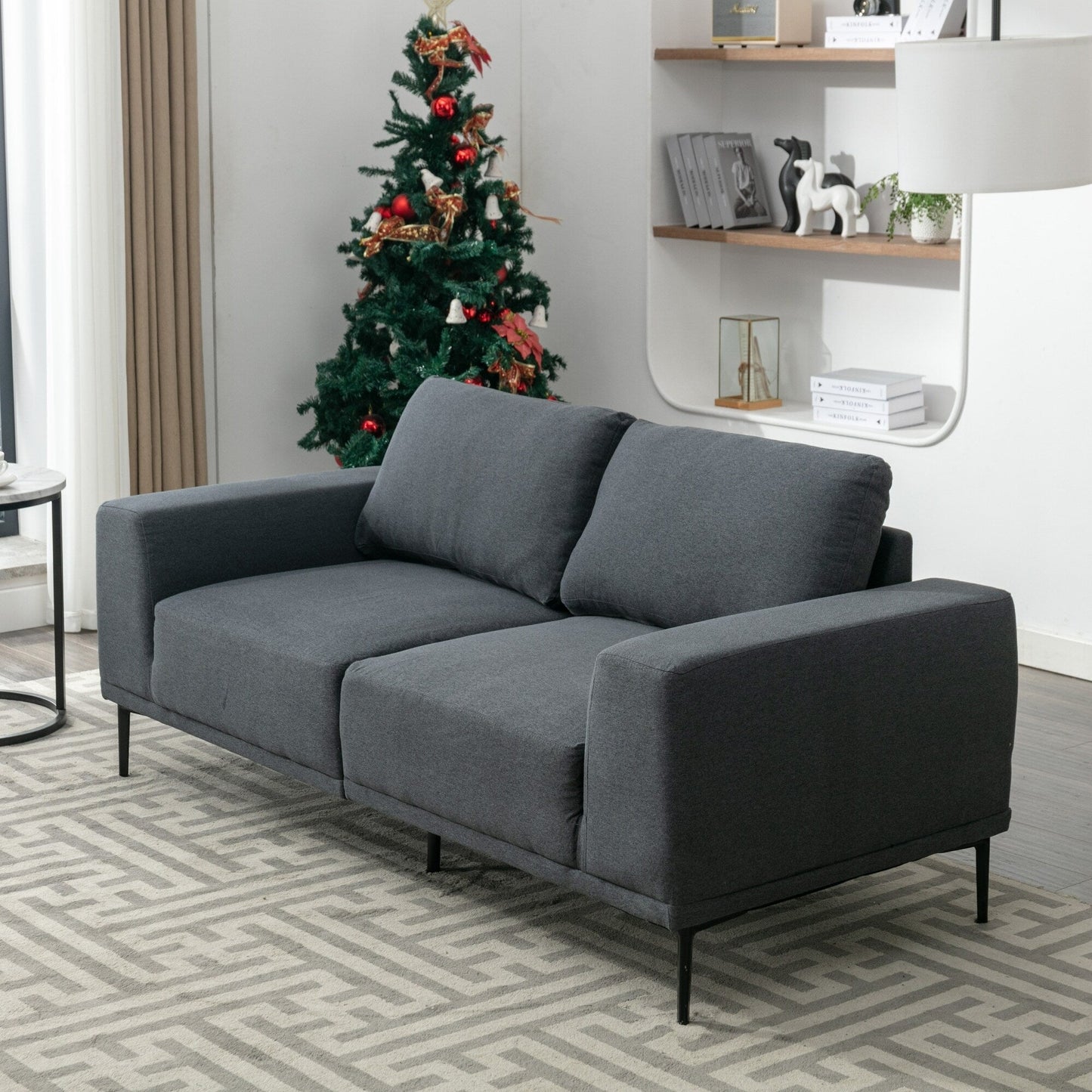 Grey 74.8''Modern Fabric 2 Seater Sofa Couch with Iron Legs and Comfortable Cushions, for Living Room, Apartment, Bedroom