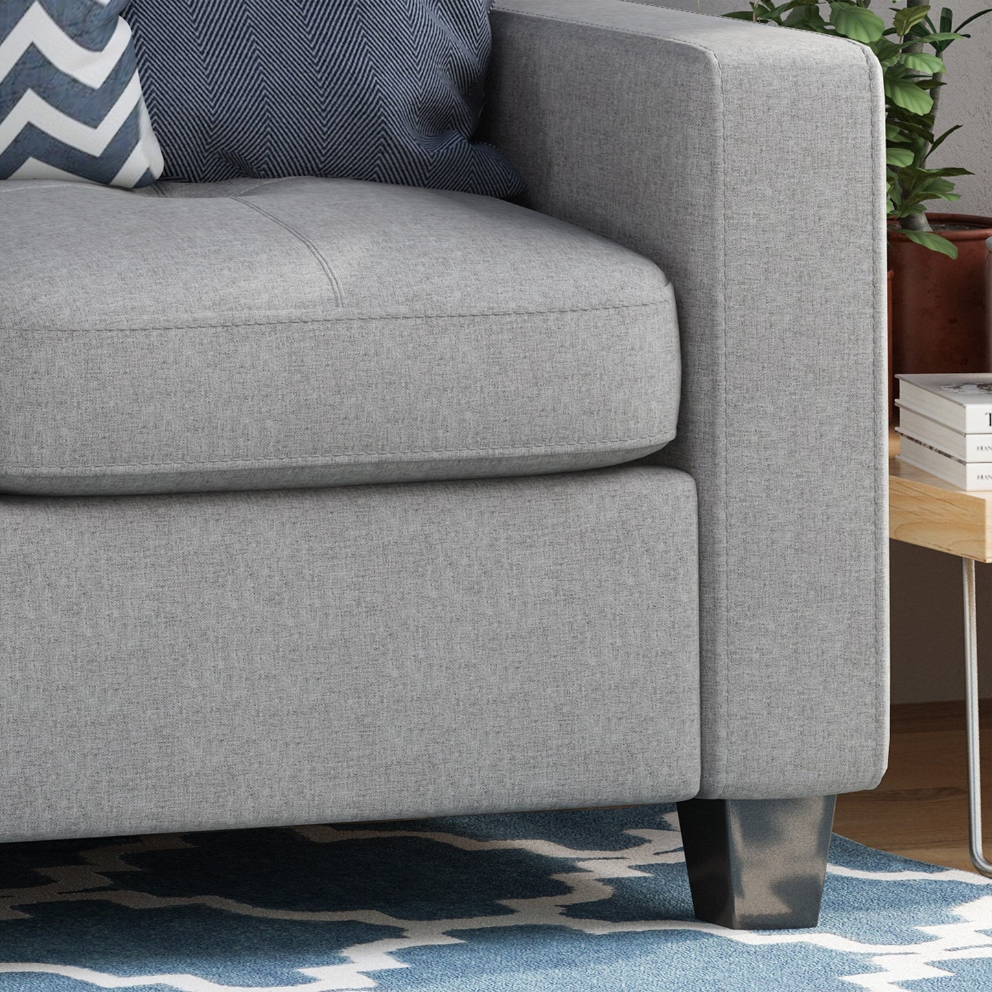 Grey 76 Square Arms Button Tufted 3-seater Sofa with Wood Legs for Living Room