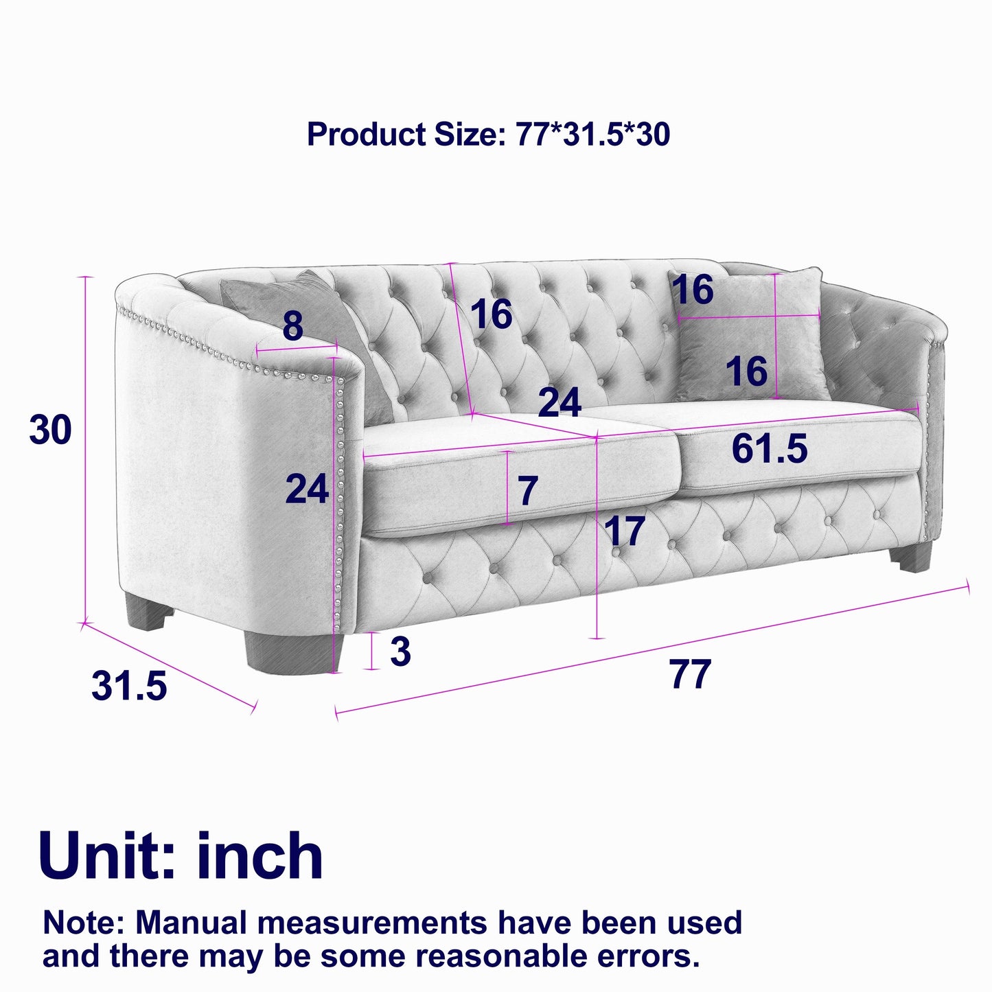 Grey 77'' Modern Velvet 3-Seater Sofa with Tufted Backrests and Nailhead Trim