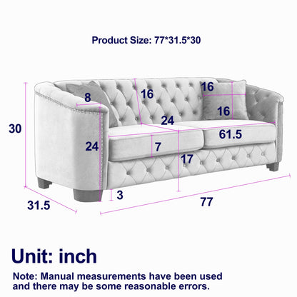 Grey 77'' Modern Velvet 3-Seater Sofa with Tufted Backrests and Nailhead Trim