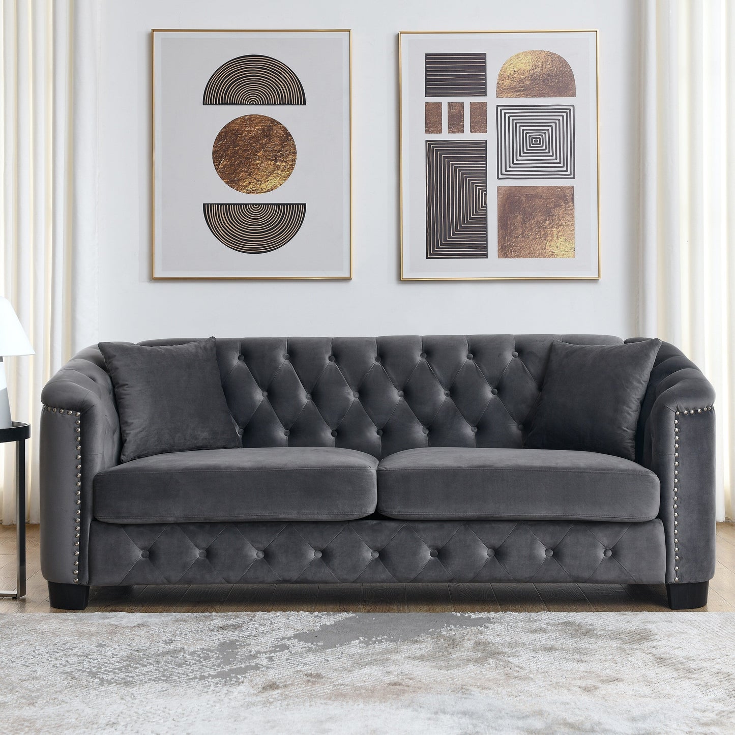 Grey 77'' Modern Velvet 3-Seater Sofa with Tufted Backrests and Nailhead Trim