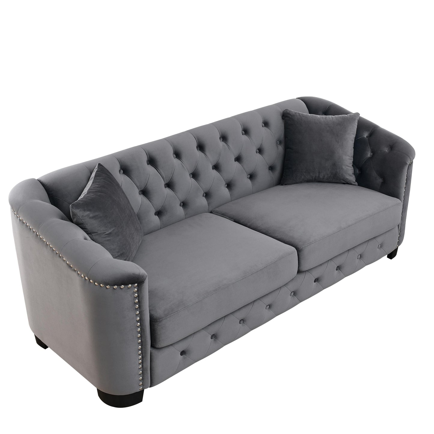 Grey 77'' Modern Velvet 3-Seater Sofa with Tufted Backrests and Nailhead Trim
