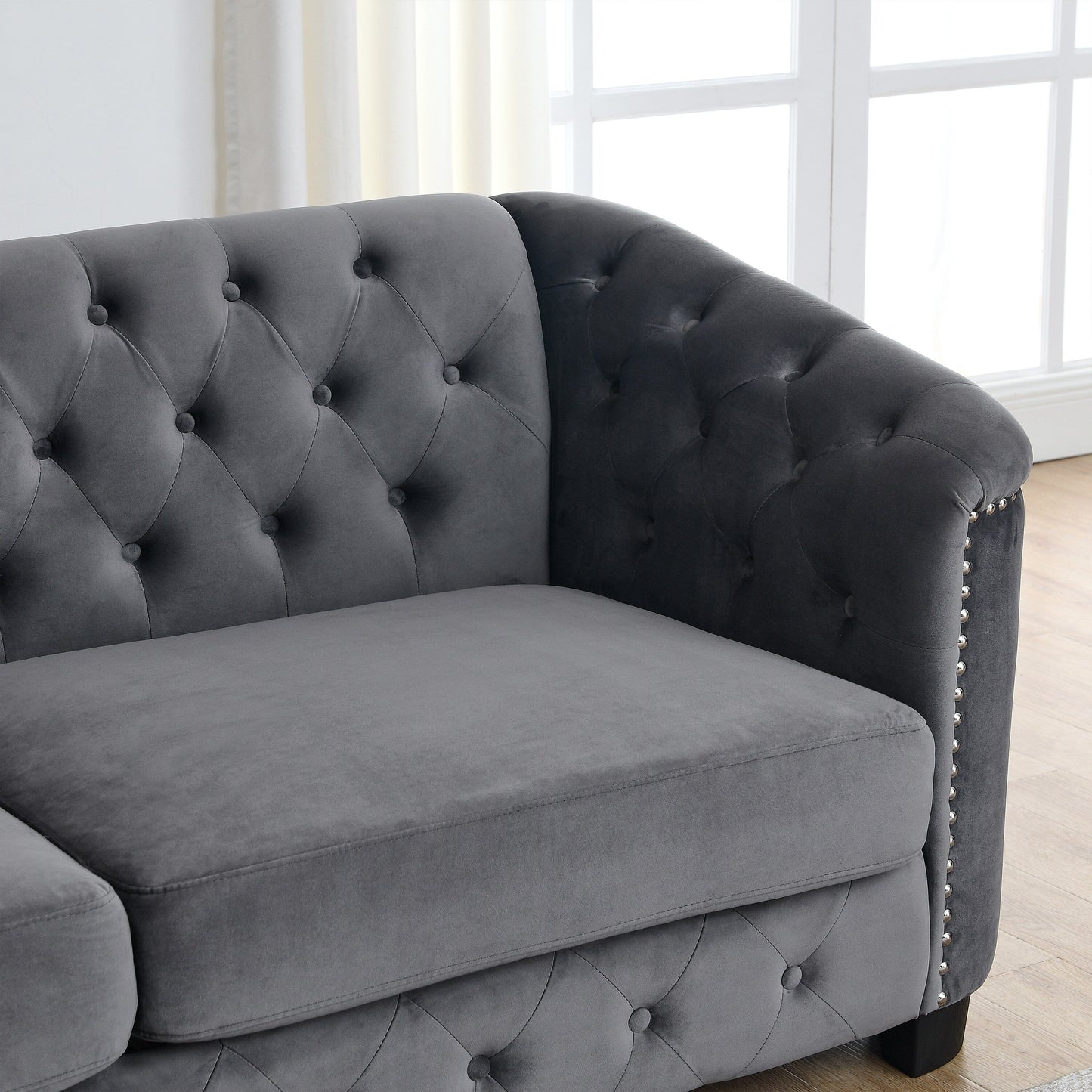Grey 77'' Modern Velvet 3-Seater Sofa with Tufted Backrests and Nailhead Trim