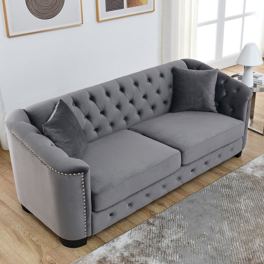 Grey 77'' Modern Velvet 3-Seater Sofa with Tufted Backrests and Nailhead Trim