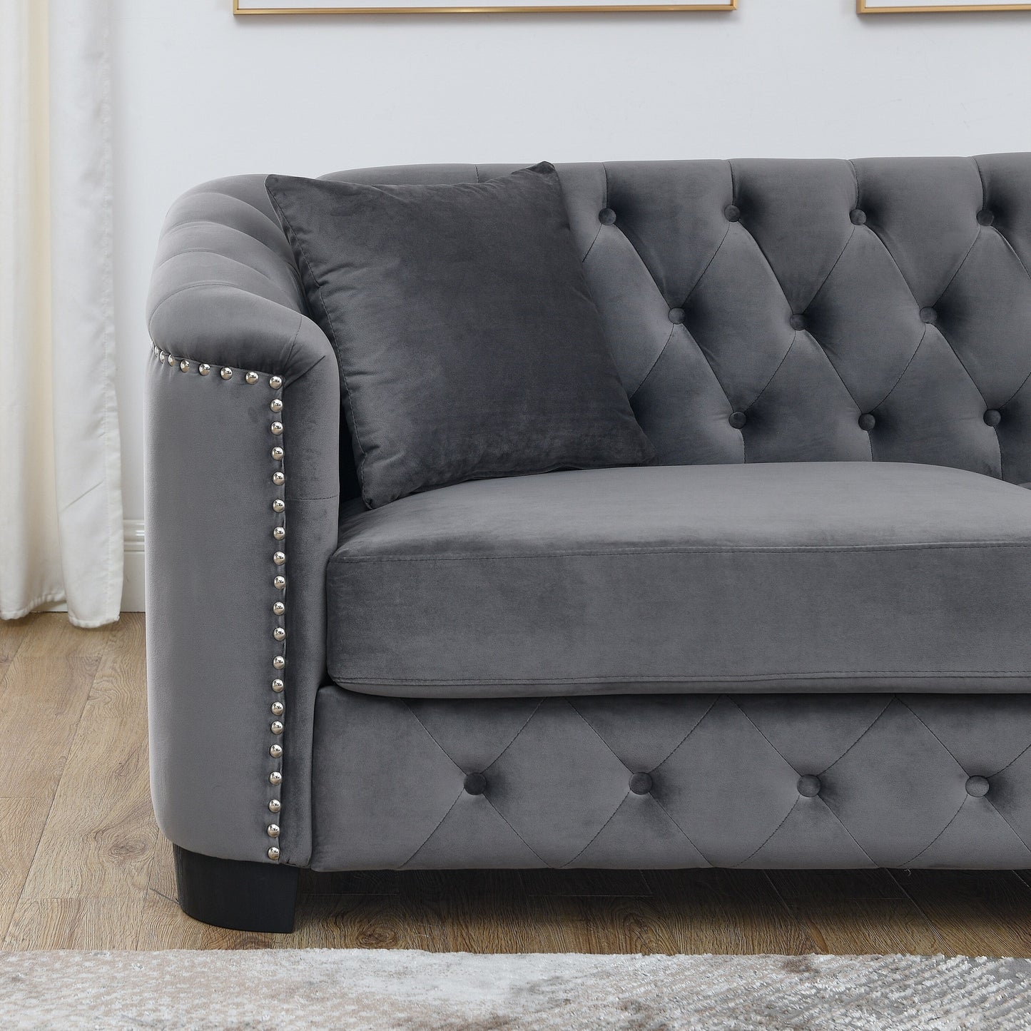 Grey 77'' Modern Velvet 3-Seater Sofa with Tufted Backrests and Nailhead Trim