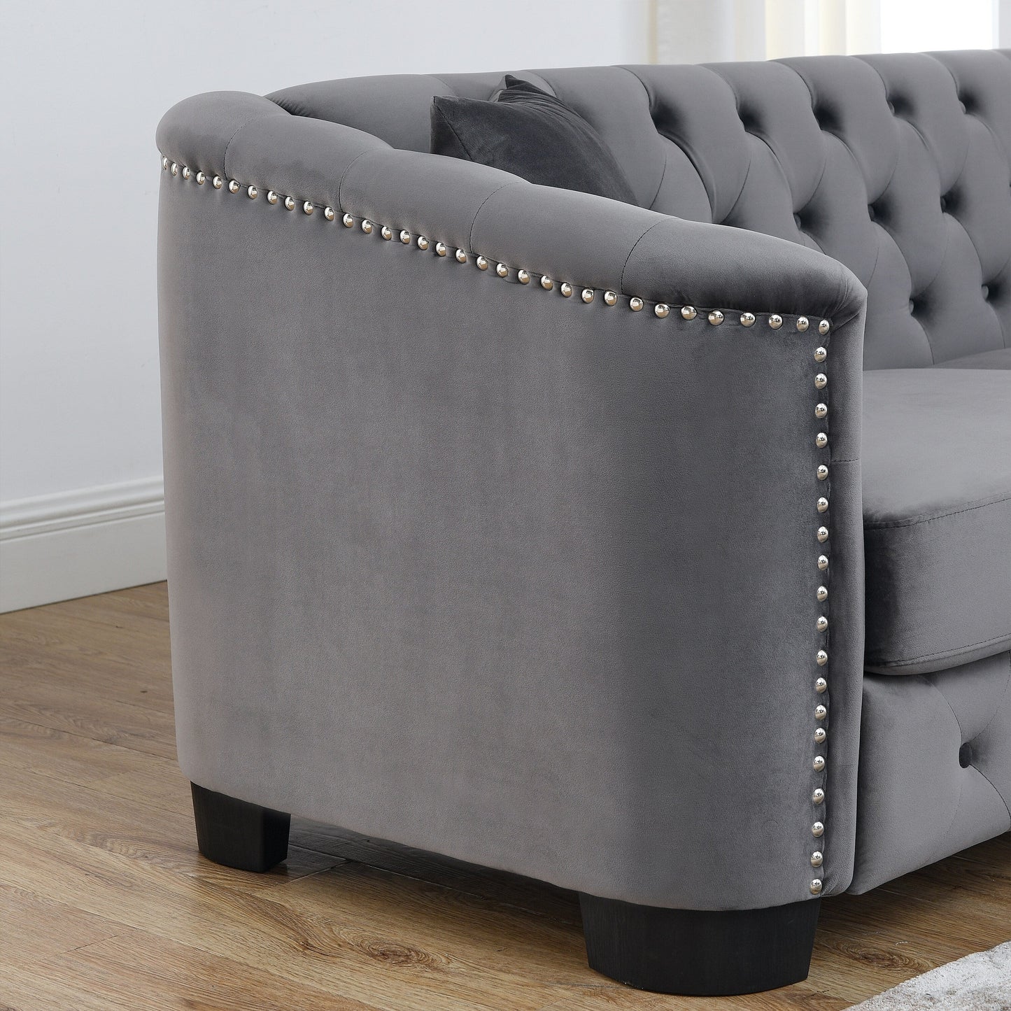Grey 77'' Modern Velvet 3-Seater Sofa with Tufted Backrests and Nailhead Trim