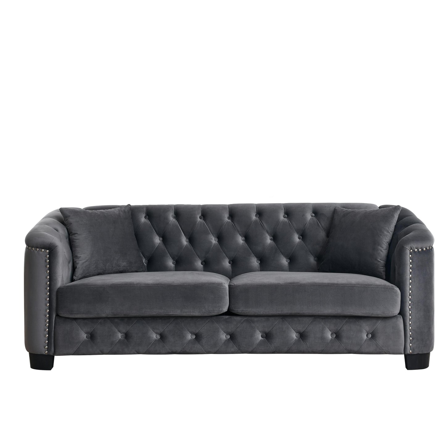 Grey 77'' Modern Velvet 3-Seater Sofa with Tufted Backrests and Nailhead Trim
