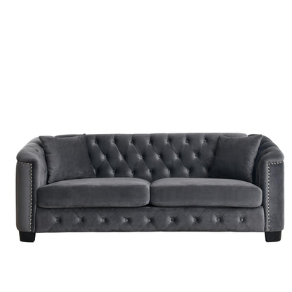 Grey 77'' Modern Velvet 3-Seater Sofa with Tufted Backrests and Nailhead Trim