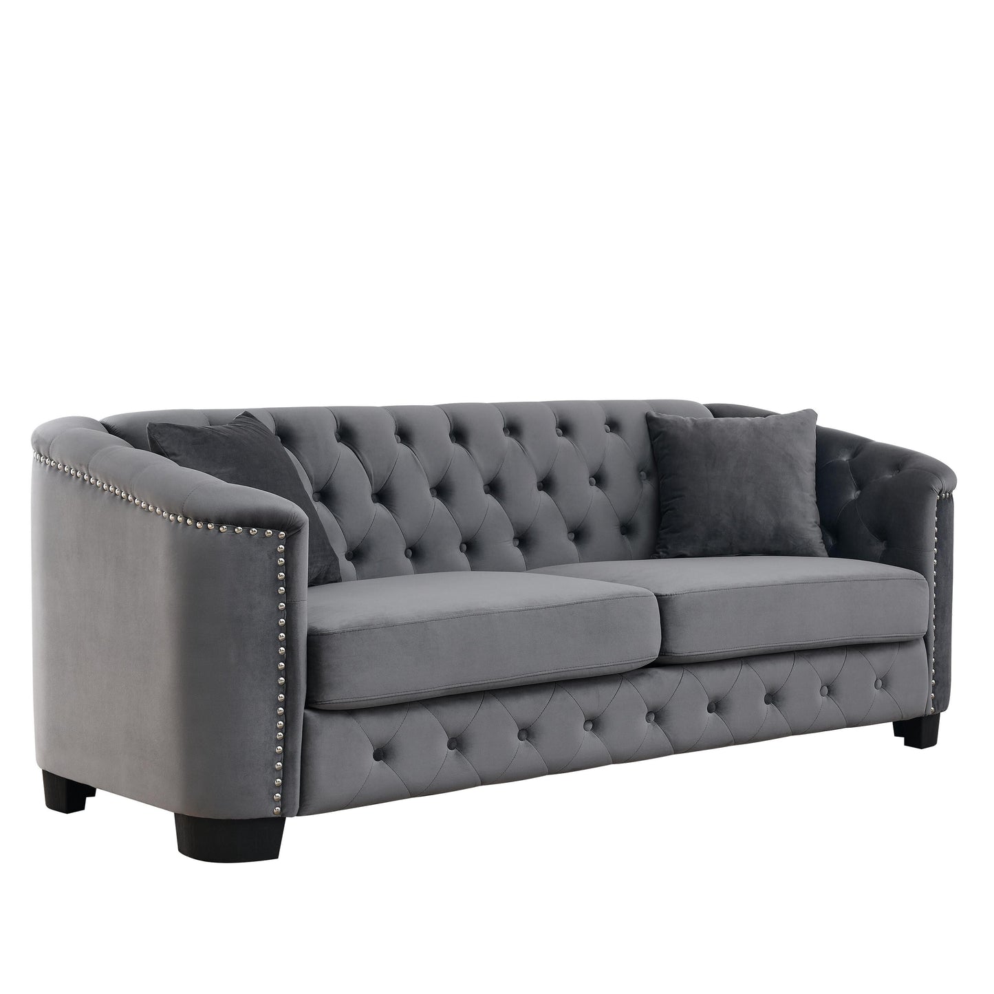 Grey 77'' Modern Velvet 3-Seater Sofa with Tufted Backrests and Nailhead Trim
