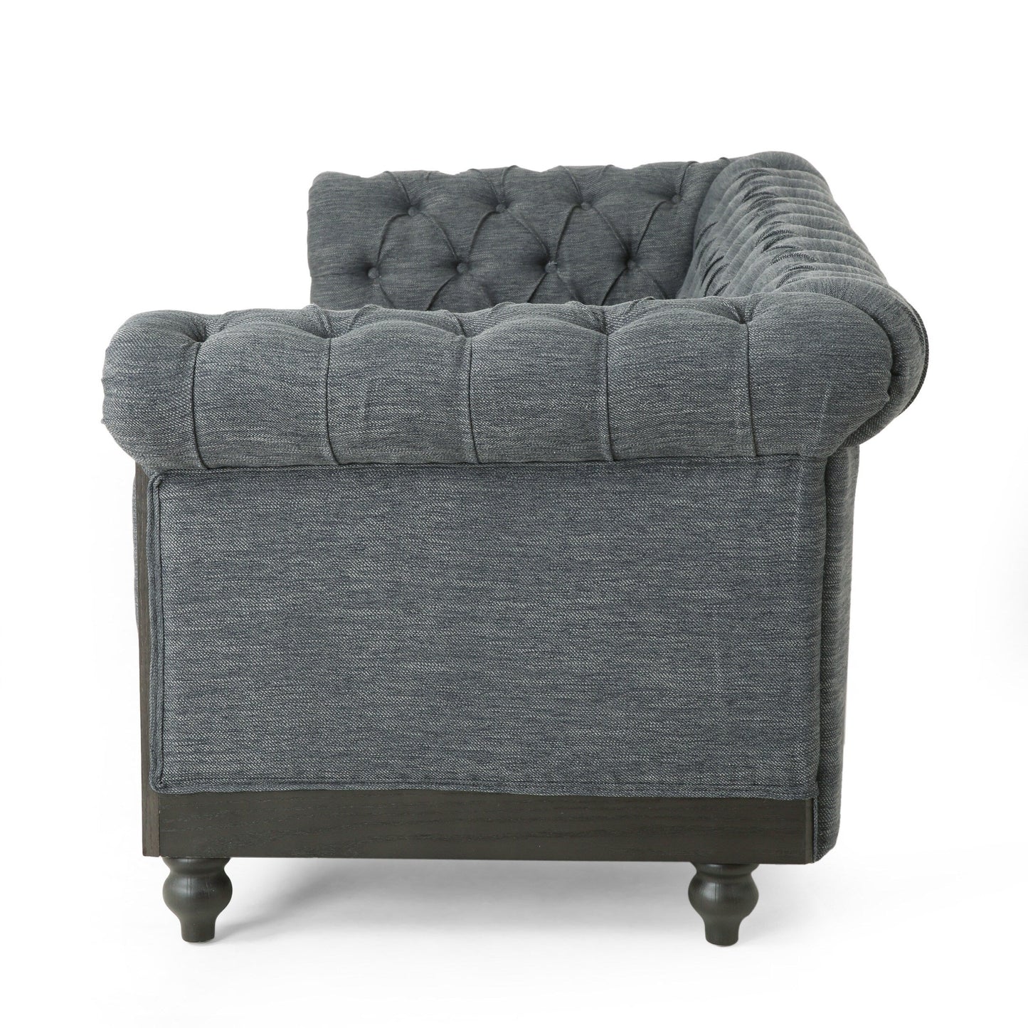 Grey 78.75 Fabric 3-Seater Sofa with Wooden Legs, Rivet Detailing, and Pull-Tab Backrest Design