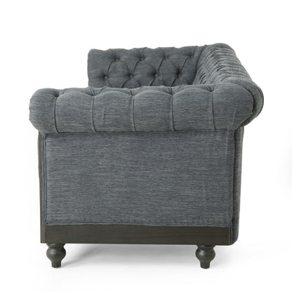 Grey 78.75 Fabric 3-Seater Sofa with Wooden Legs, Rivet Detailing, and Pull-Tab Backrest Design