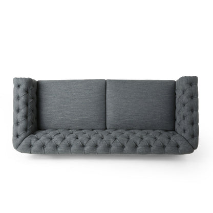 Grey 78.75 Fabric 3-Seater Sofa with Wooden Legs, Rivet Detailing, and Pull-Tab Backrest Design