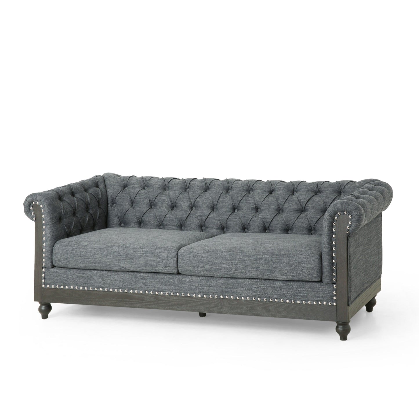 Grey 78.75 Fabric 3-Seater Sofa with Wooden Legs, Rivet Detailing, and Pull-Tab Backrest Design