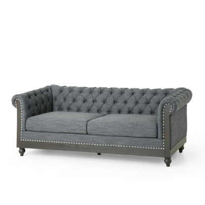 Grey 78.75 Fabric 3-Seater Sofa with Wooden Legs, Rivet Detailing, and Pull-Tab Backrest Design