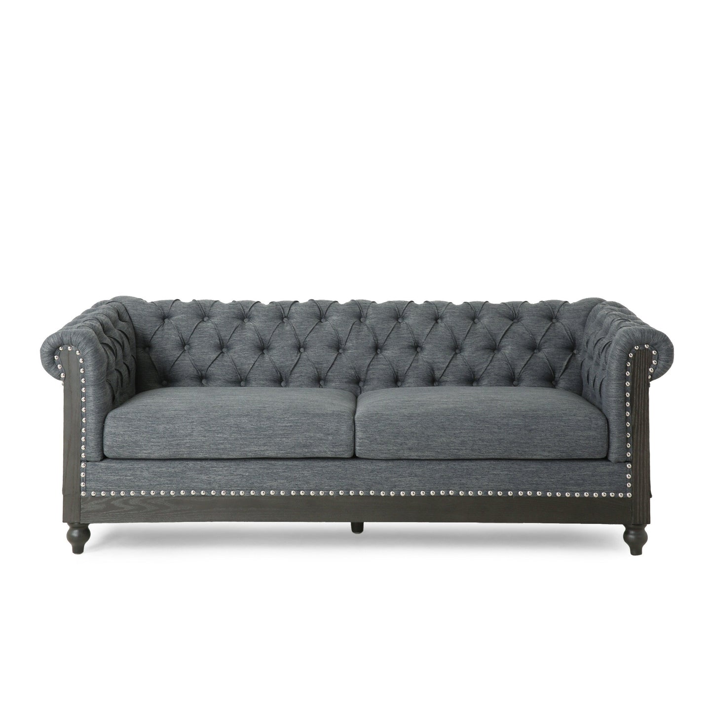 Grey 78.75 Fabric 3-Seater Sofa with Wooden Legs, Rivet Detailing, and Pull-Tab Backrest Design