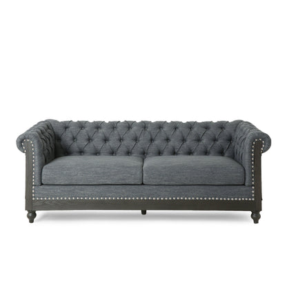 Grey 78.75 Fabric 3-Seater Sofa with Wooden Legs, Rivet Detailing, and Pull-Tab Backrest Design