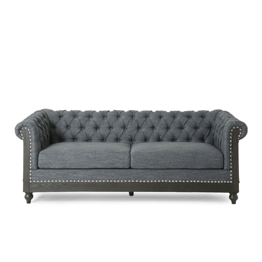 Grey 78.75 Fabric 3-Seater Sofa with Wooden Legs, Rivet Detailing, and Pull-Tab Backrest Design