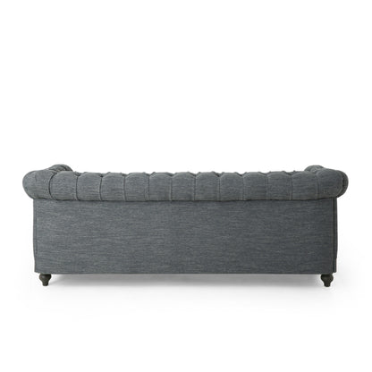 Grey 78.75 Fabric 3-Seater Sofa with Wooden Legs, Rivet Detailing, and Pull-Tab Backrest Design