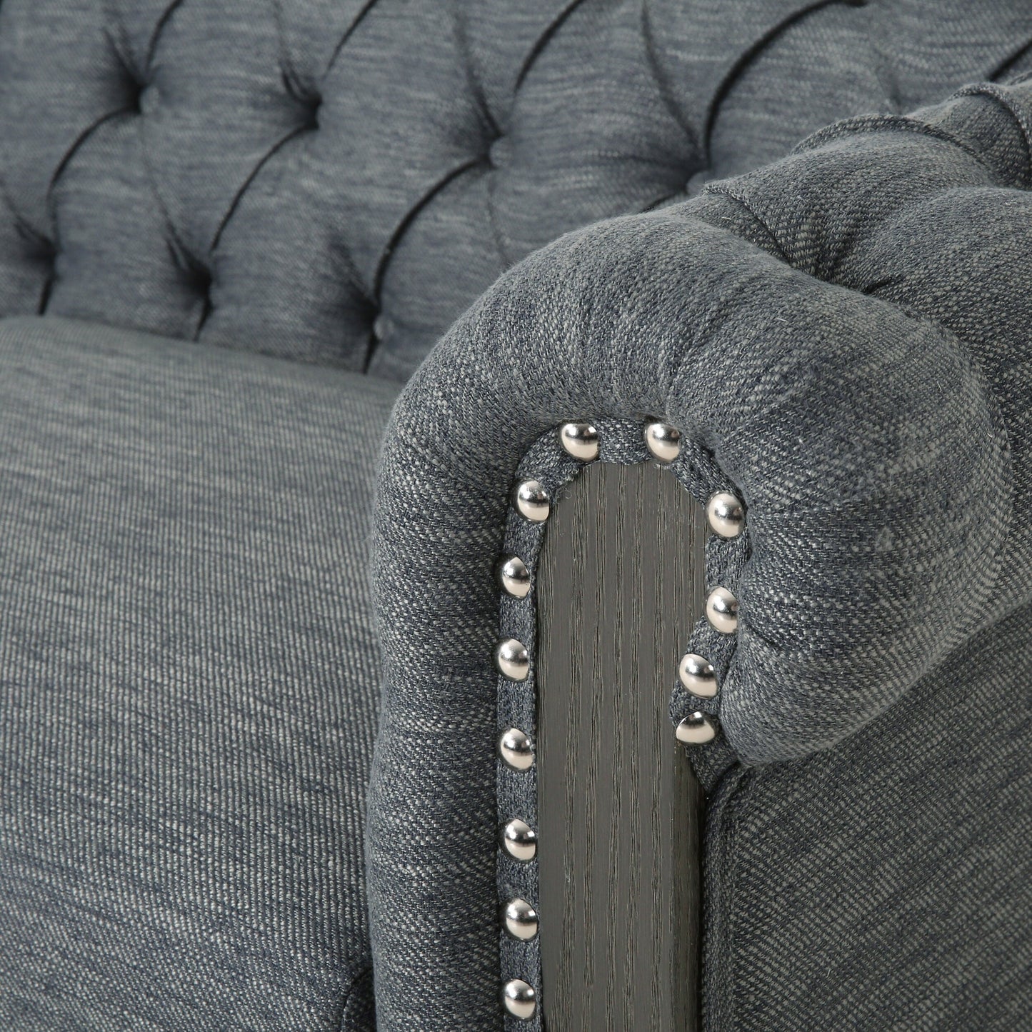 Grey 78.75 Fabric 3-Seater Sofa with Wooden Legs, Rivet Detailing, and Pull-Tab Backrest Design