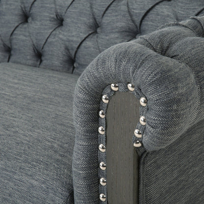 Grey 78.75 Fabric 3-Seater Sofa with Wooden Legs, Rivet Detailing, and Pull-Tab Backrest Design