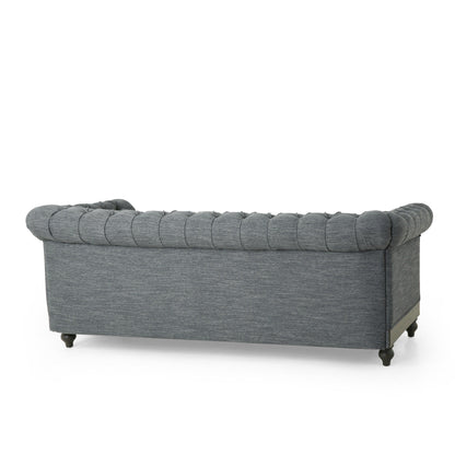 Grey 78.75 Fabric 3-Seater Sofa with Wooden Legs, Rivet Detailing, and Pull-Tab Backrest Design