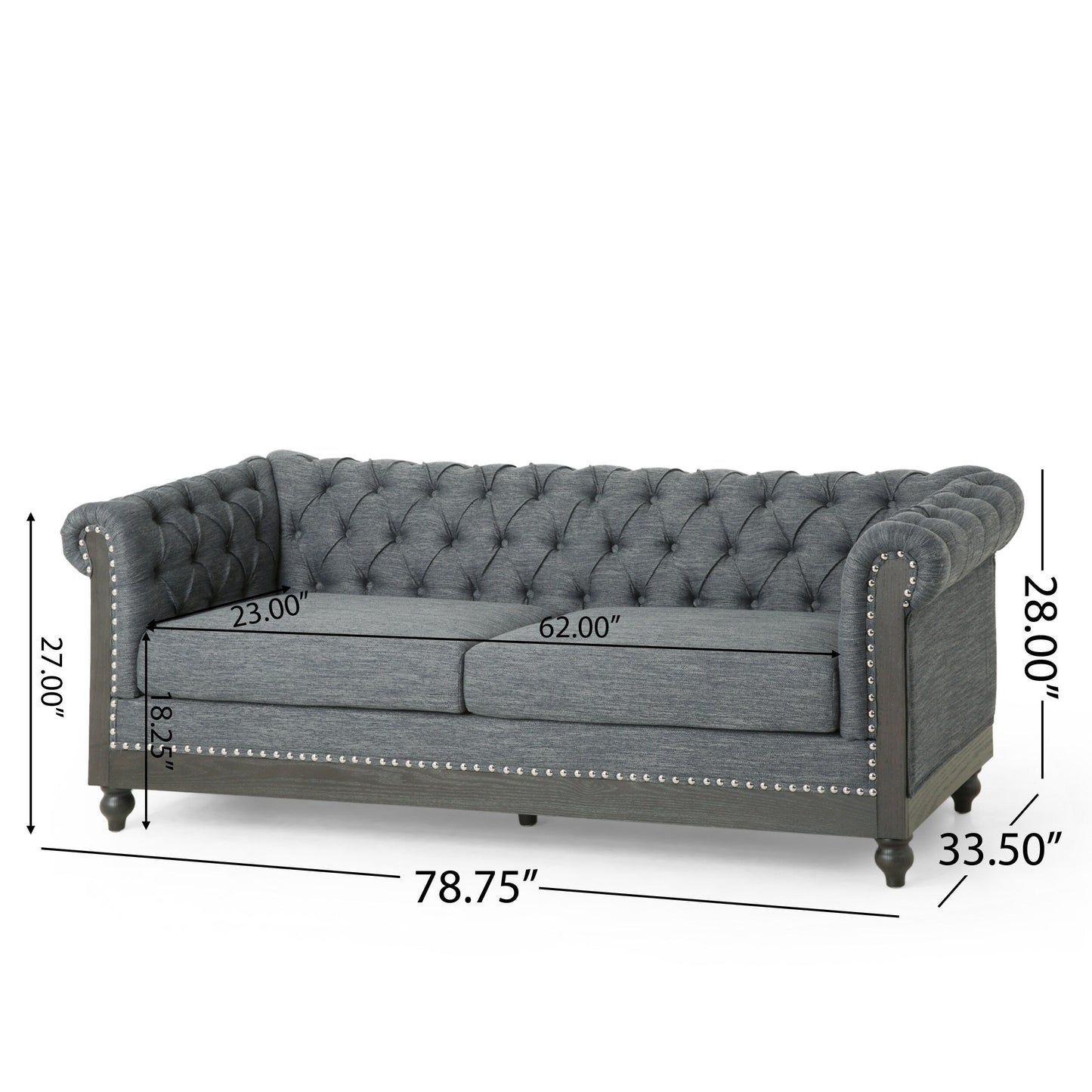 Grey 78.75 Fabric 3-Seater Sofa with Wooden Legs, Rivet Detailing, and Pull-Tab Backrest Design