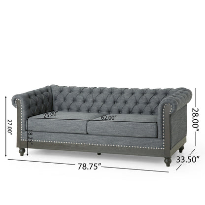 Grey 78.75 Fabric 3-Seater Sofa with Wooden Legs, Rivet Detailing, and Pull-Tab Backrest Design