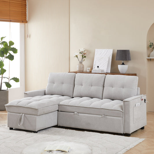 Grey 78.75'' L-Shaped Sofa Bed with USB Ports and Pull-Out Bed