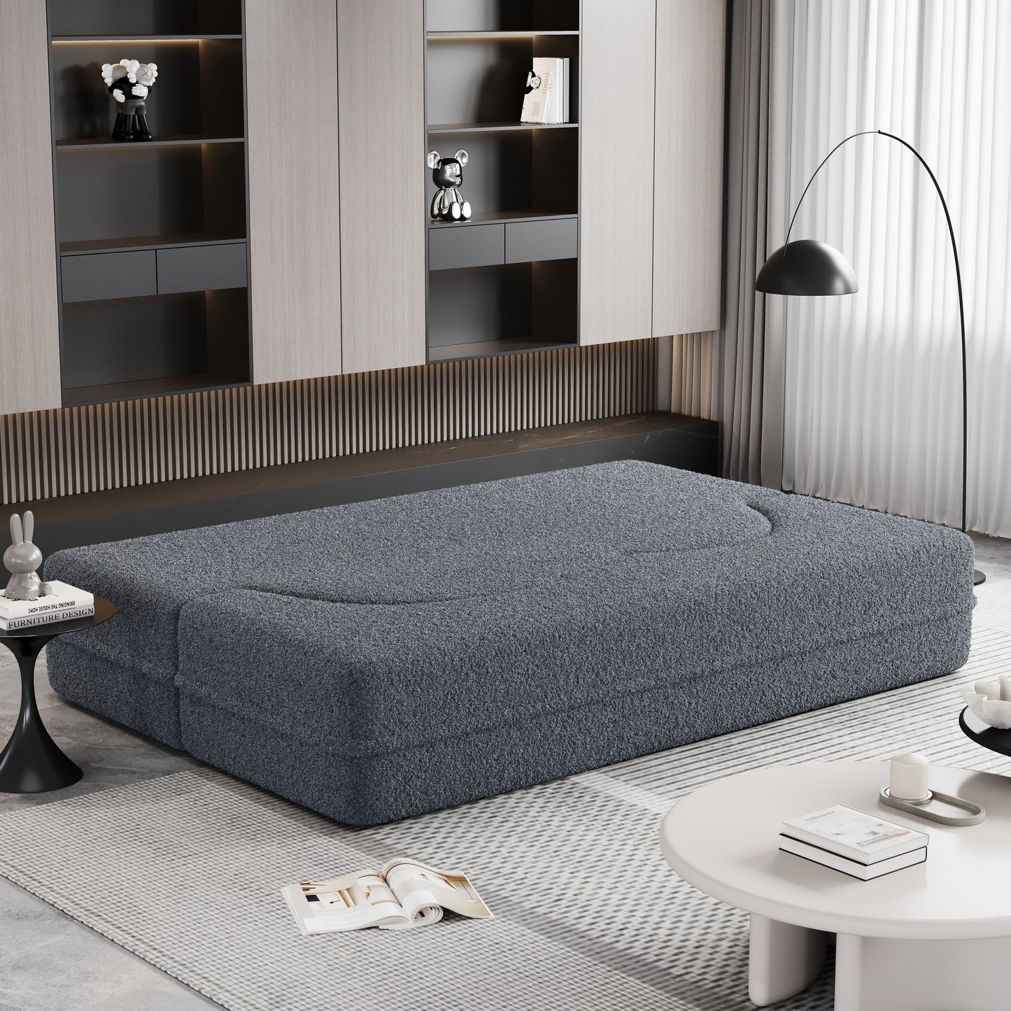 Grey 78 Convertible Teddy Fabric Loveseat Foam-Filled Floor Sofa Bed with 2 Pillows and Folding Mattress for Living Room