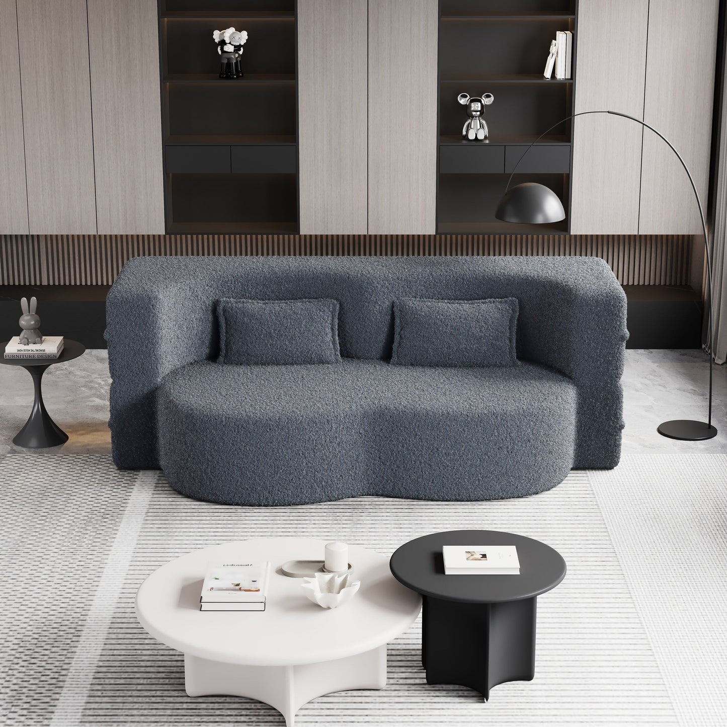 Grey 78 Convertible Teddy Fabric Loveseat Foam-Filled Floor Sofa Bed with 2 Pillows and Folding Mattress for Living Room