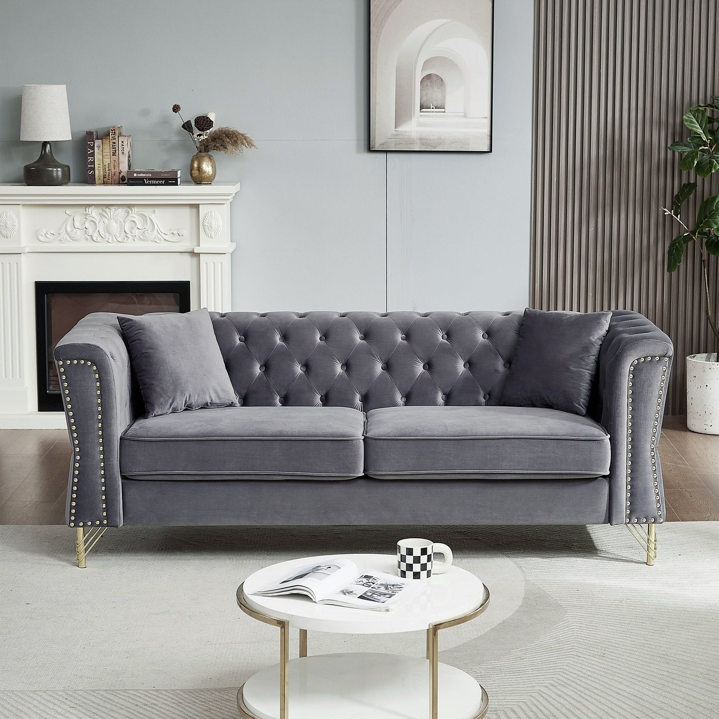 Grey 81.8 Velvet 3-seater Sofa with Tufted Couch and Metal Foot for Living Room