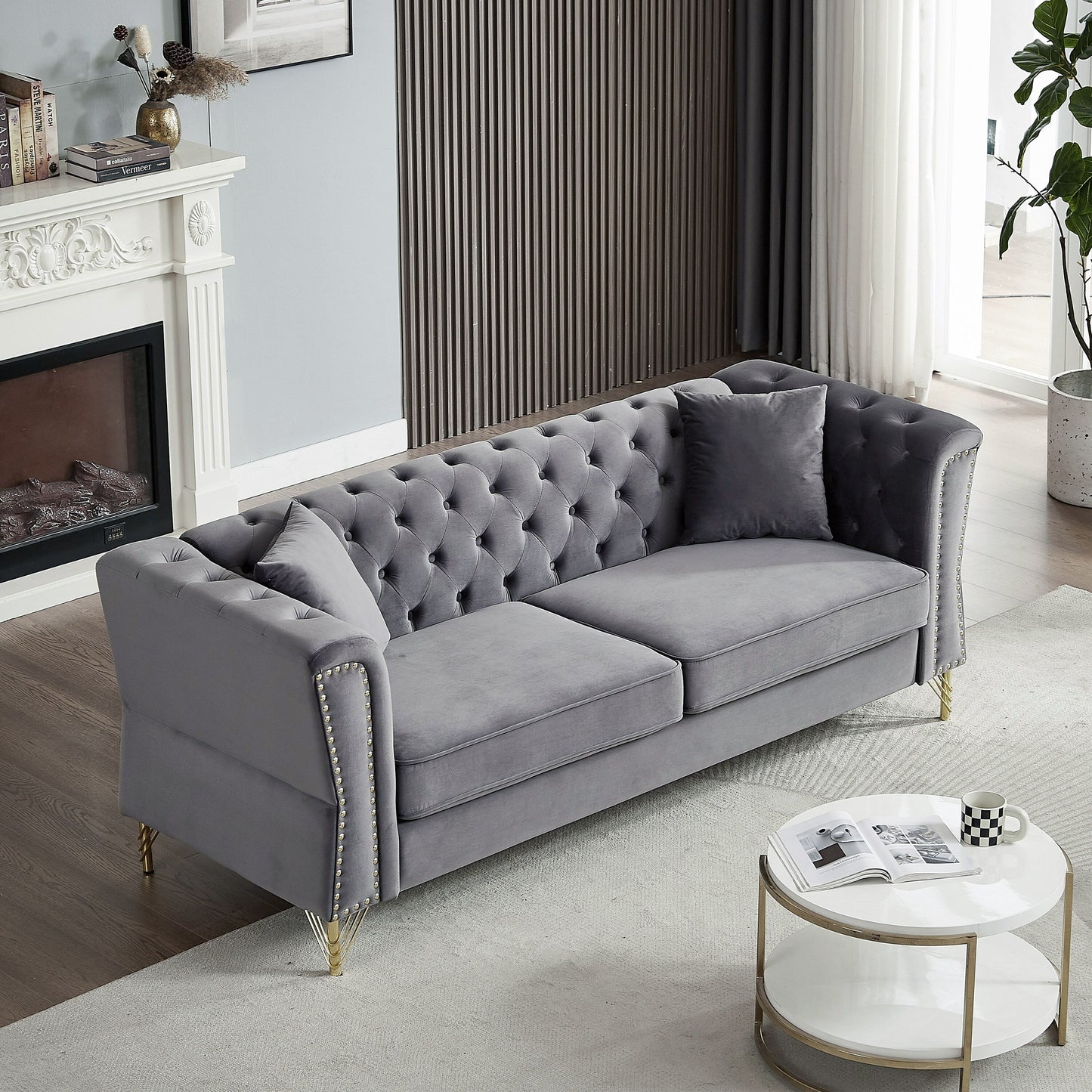 Grey 81.8 Velvet 3-seater Sofa with Tufted Couch and Metal Foot for Living Room