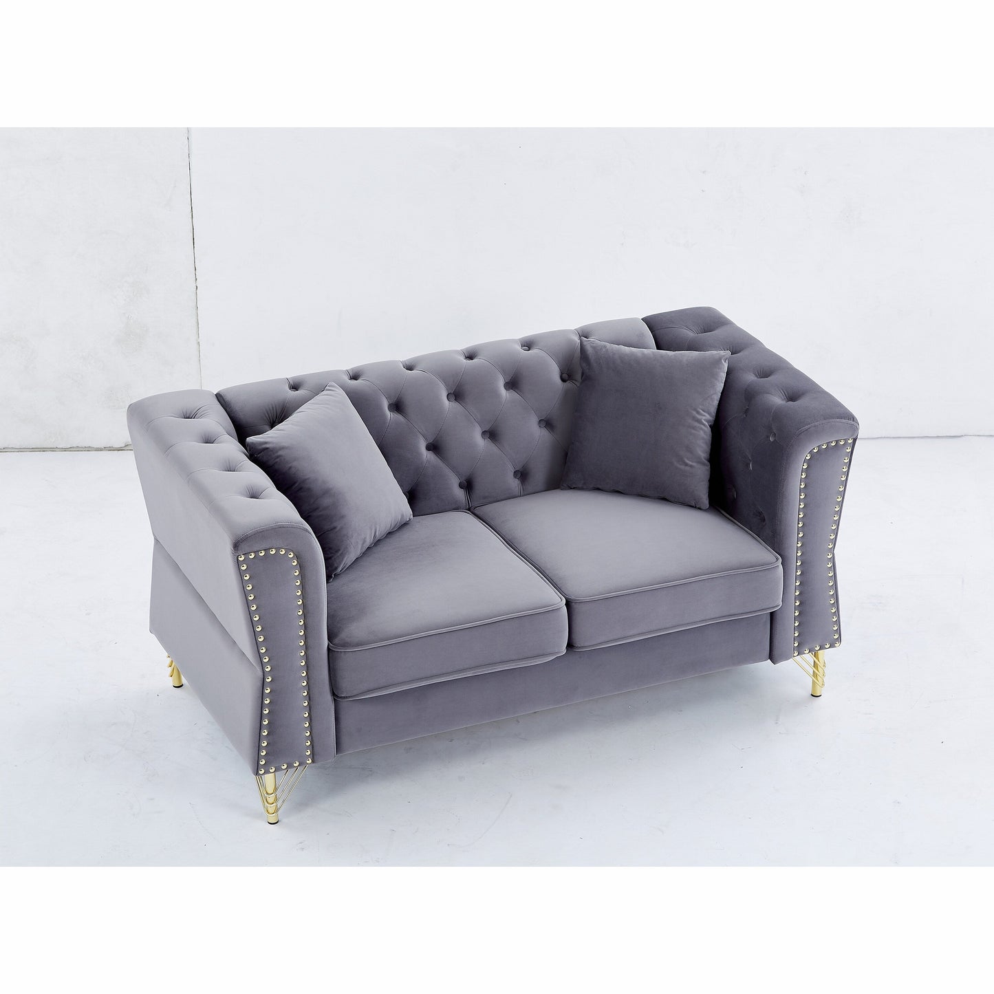 Grey 81.8 Velvet 3-seater Sofa with Tufted Couch and Metal Foot for Living Room