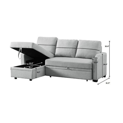 Grey 81.9 Fabric Sofa with Chaise Lounge, Wooden Frame, Storage, and Rubber Wheels