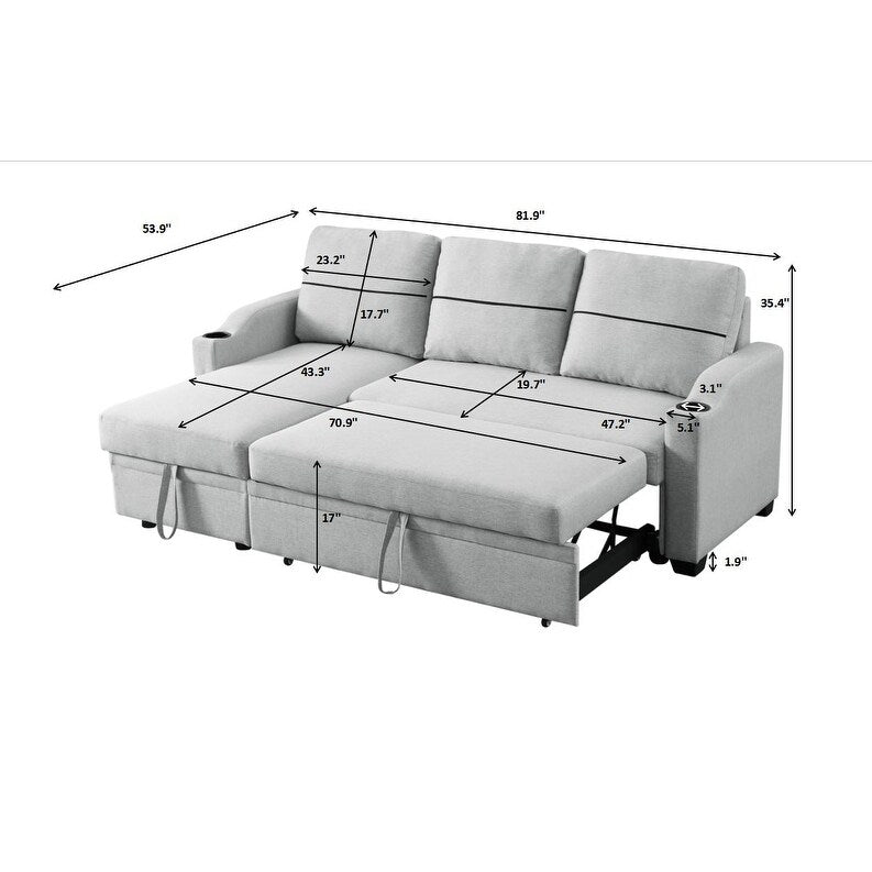 Grey 81.9 Fabric Sofa with Chaise Lounge, Wooden Frame, Storage, and Rubber Wheels