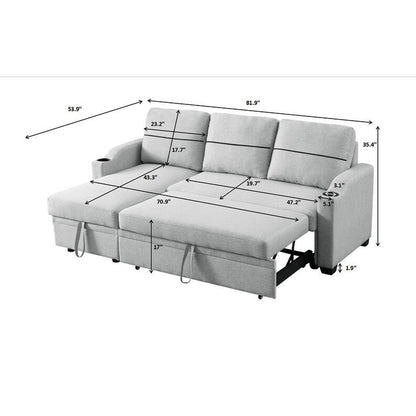 Grey 81.9 Fabric Sofa with Chaise Lounge, Wooden Frame, Storage, and Rubber Wheels