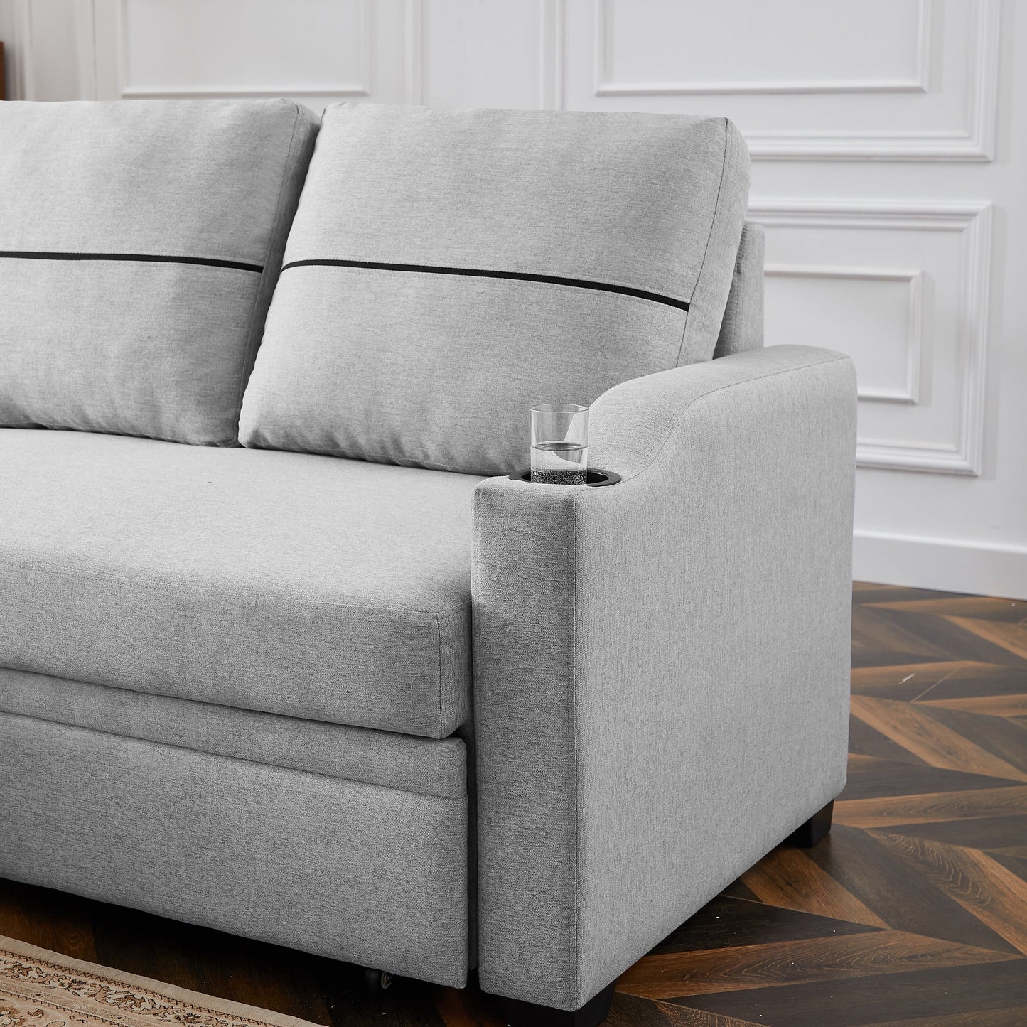 Grey 81.9 Fabric Sofa with Chaise Lounge, Wooden Frame, Storage, and Rubber Wheels