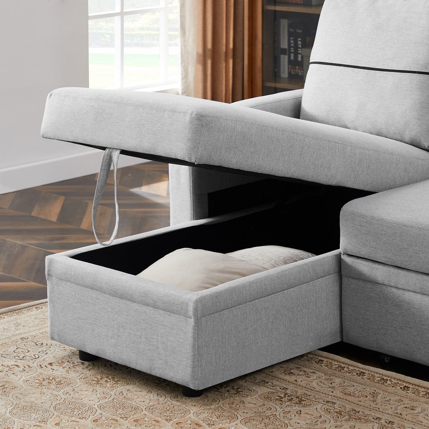 Grey 81.9 Fabric Sofa with Chaise Lounge, Wooden Frame, Storage, and Rubber Wheels