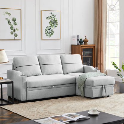Grey 81.9 Fabric Sofa with Chaise Lounge, Wooden Frame, Storage, and Rubber Wheels